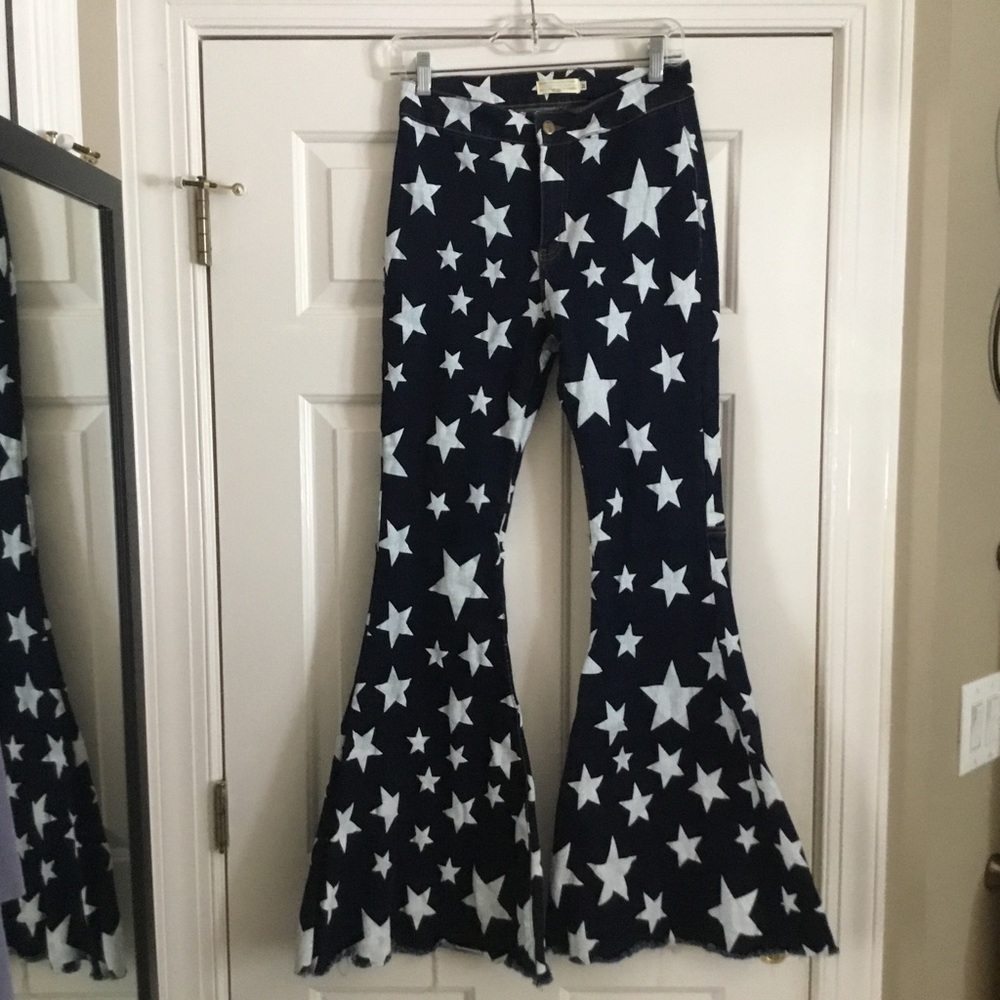 Lk New TURQUOISE HAVEN dark denim star bell bottom flare jeans M 6 8